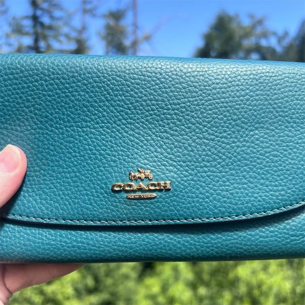 VINTAGE COACH Teal Blue Pebble Leather Trifold Wallet w Gold Hardware AUTHENTIC - Picture 6 of 11